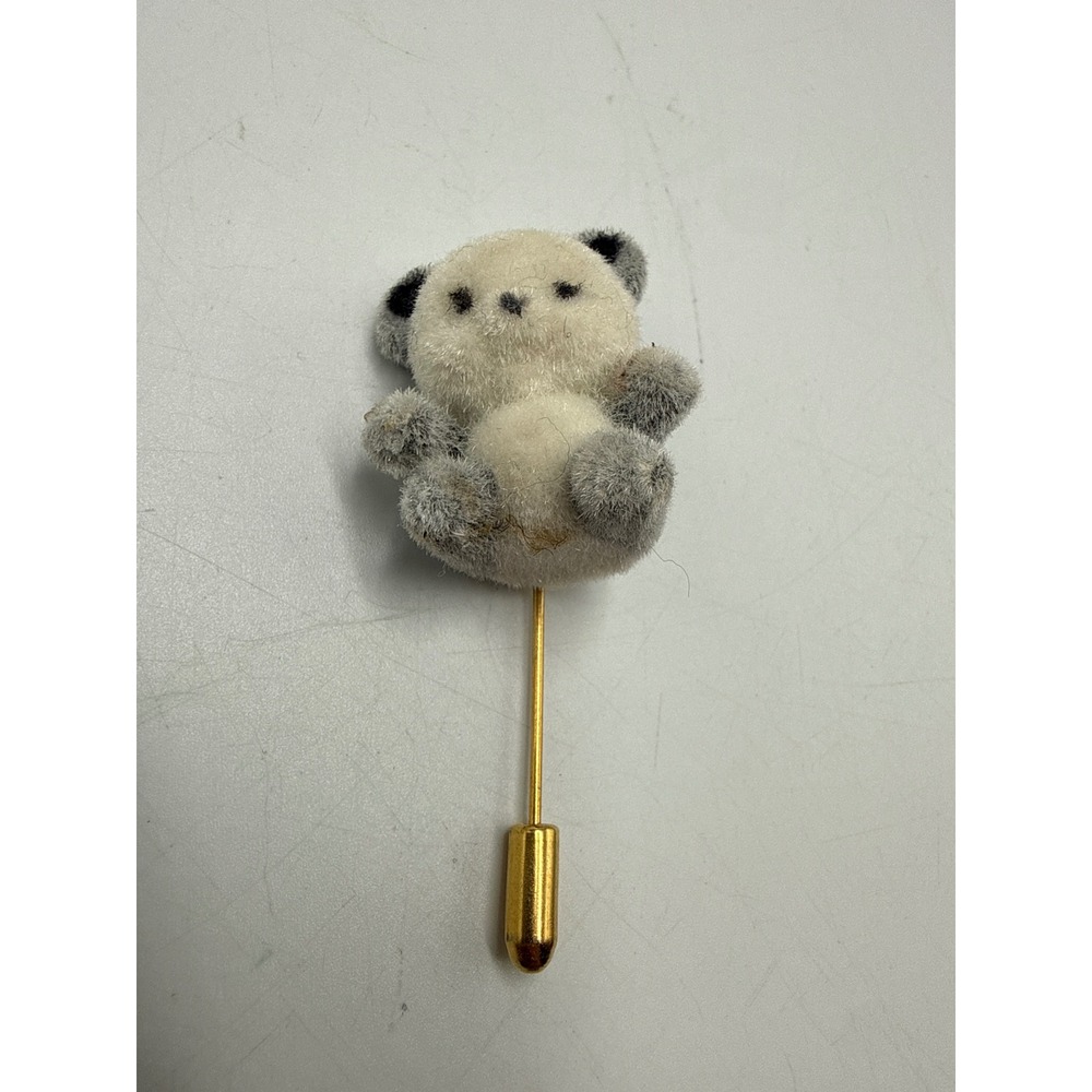 Vintage Fuzzy Panda Bear Stick Pin Gold Tone Metal Flocked Animal Lapel Pin